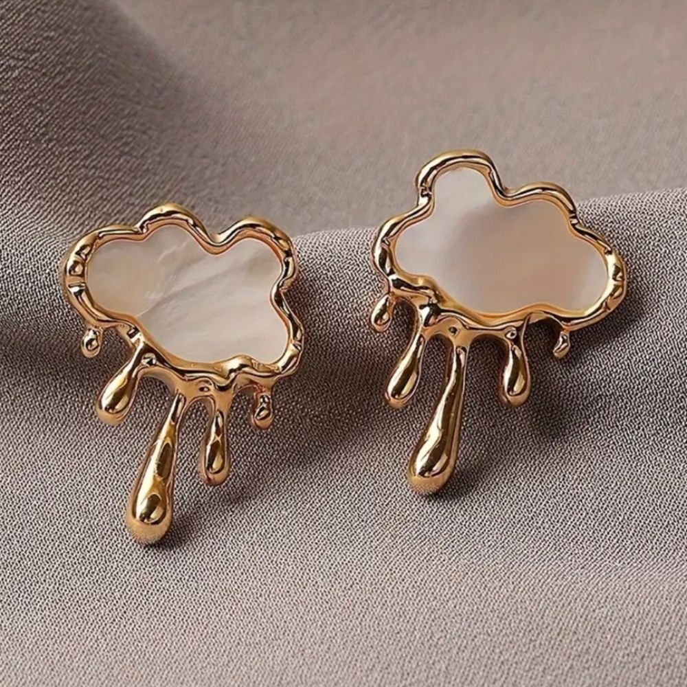 Gold Cloud Drop Earrings with White Inlay - Picture 5 of 5